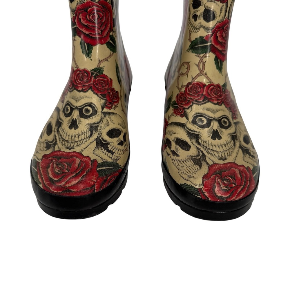 Wyre Valley Skull Rose Gothic Rain Boots Women's 8 Punk Alt Rubber - Picture 3 of 16